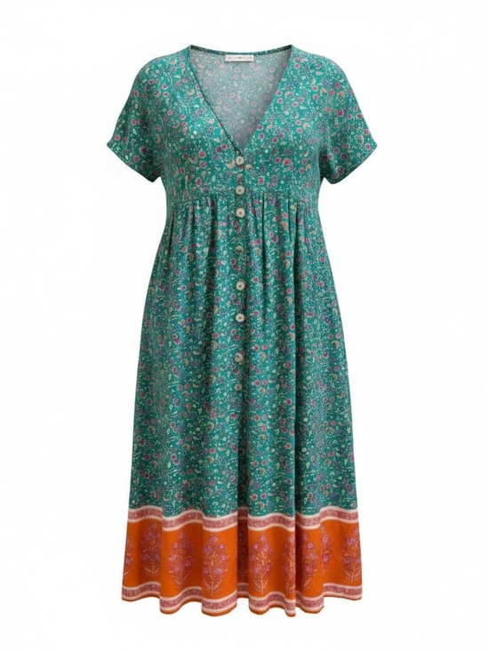 NATURAL LIFE Dresses & Skirts - Natural Life Avery Midi Dress XS Teal Floral Boho Button Front Border Print NWOT